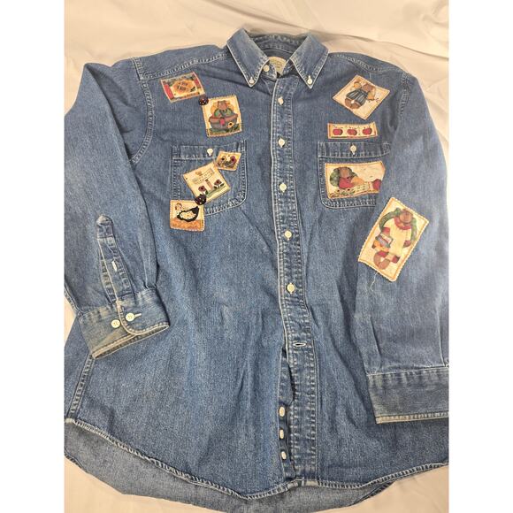 Vintage G.H. Bass & Co Denim Shirt Country Bear & Farm Appliqué Patches Women L - Picture 1 of 4
